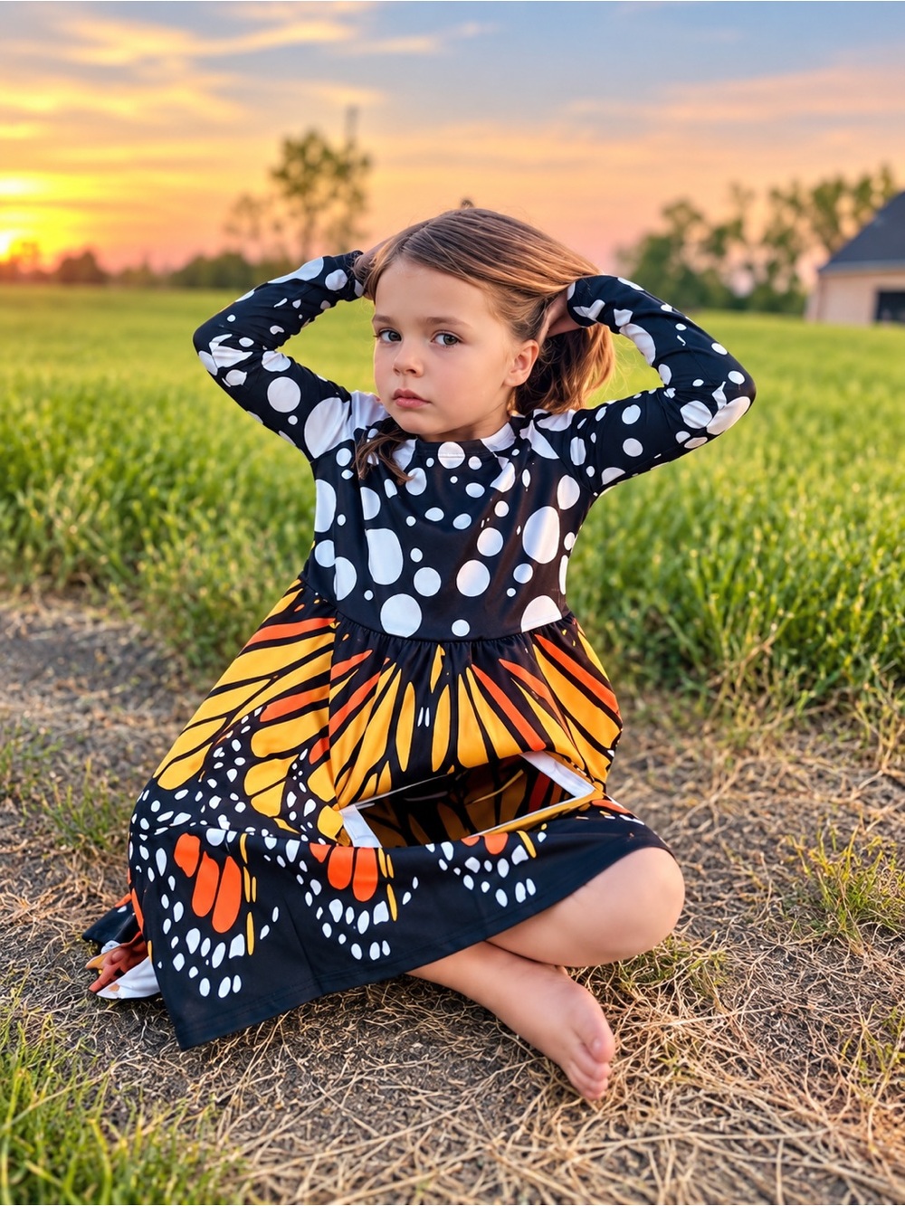 Girls' Black and Orange Butterfly Print Dress